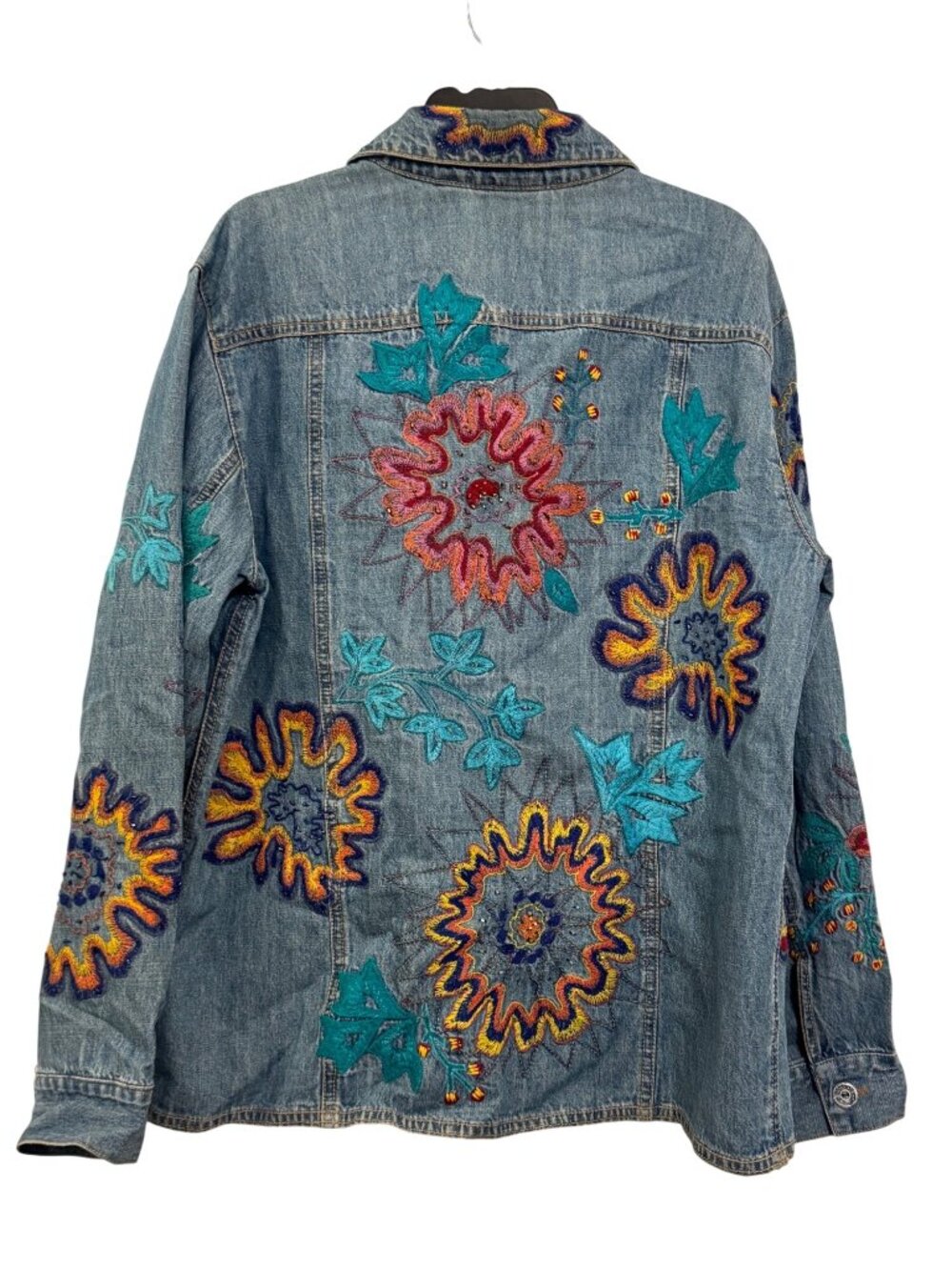 Vintage Chicos Design Womens Embroidered Denim Jacket Size 1 Floral Boho Style - Picture 2 of 7